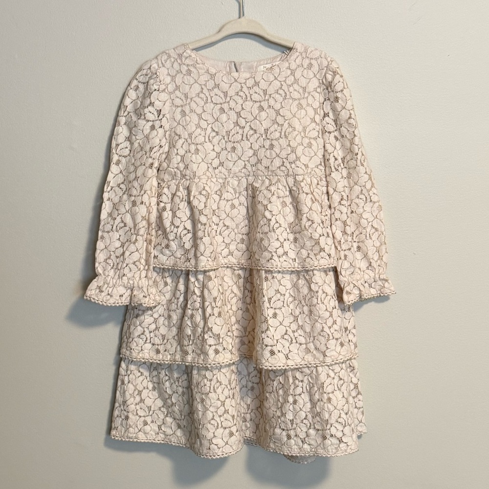 Mini Boden Cream Lace Tiered Long-Sleeve Dress, size 3-4Y